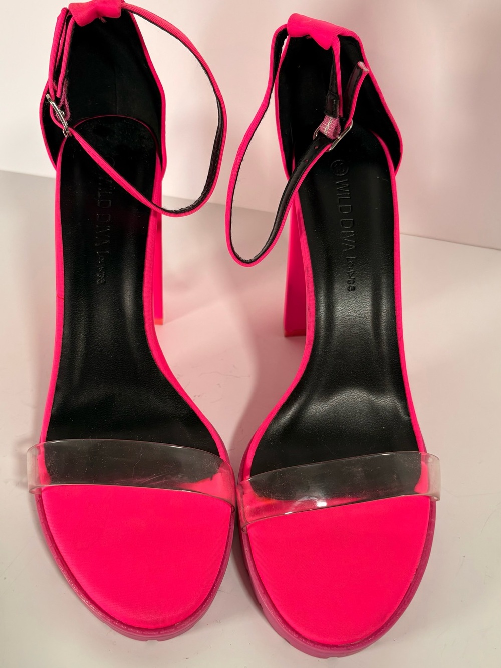 Wild Diva Neon Pink Clear Strap Block Heel Sandals